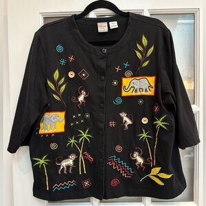 ONQUE Embroidered Elephants Monkey Palm Trees Cardigan Sweater Jungle Size L
